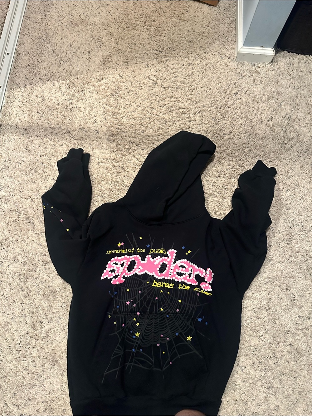 Black Hoodie with Pink 'spiders' Logo and Star Accents